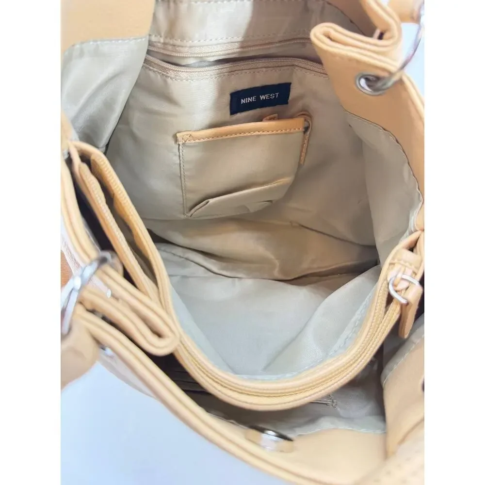 Nine West Women's Beige Faux Leather Bucket Shoulder Bag Silver Hardware